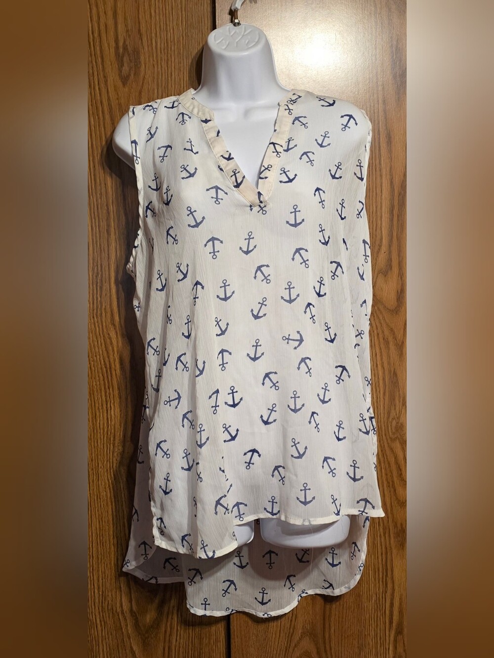 No Boundaries White Sleeveless V-Neck Swim Coverup with Navy Anchor Print